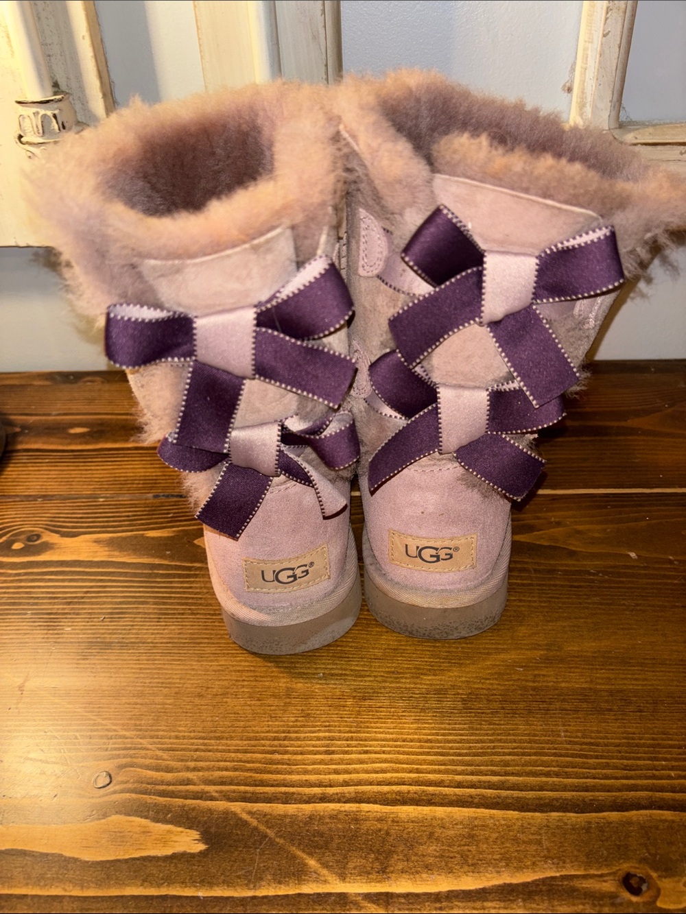UGG Pink Suede Shearling Boots with Purple Ribbon Bows